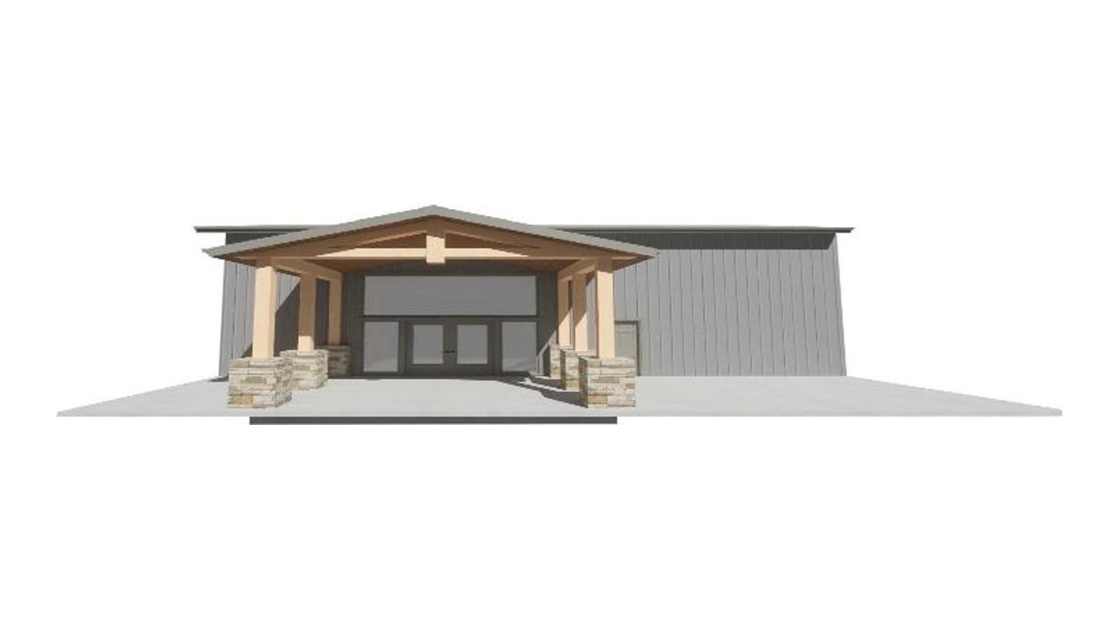 Rendering of the new storefront with a glass entryway and a custom timber-frame awning